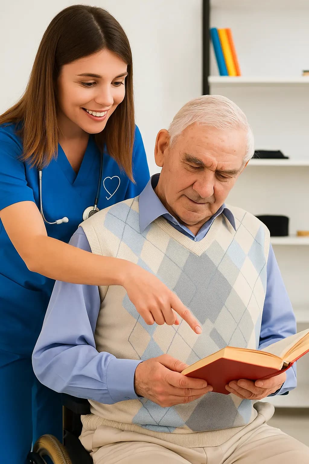 Caregiver reading with elderly patient