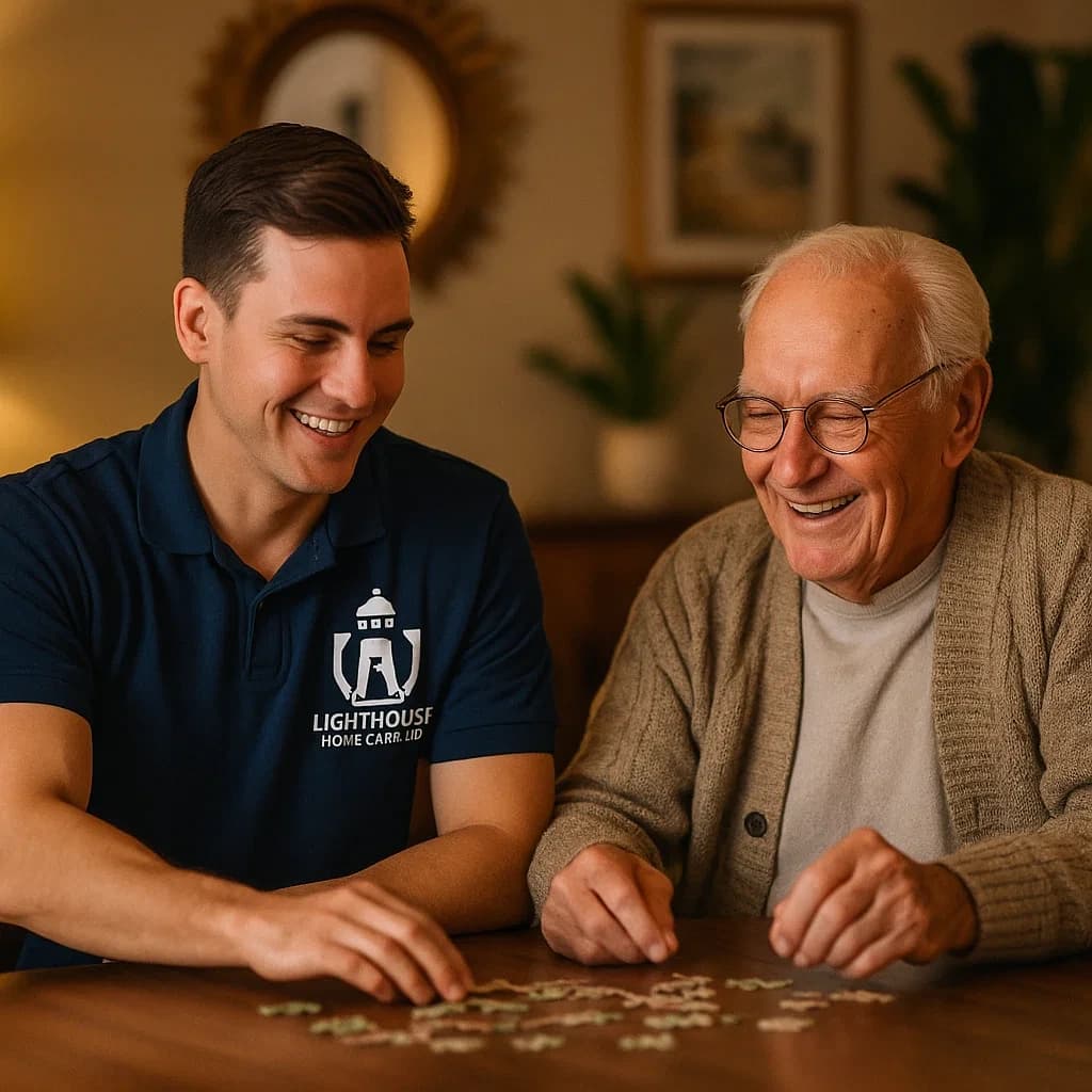 Friendly companion spending time with elderly person