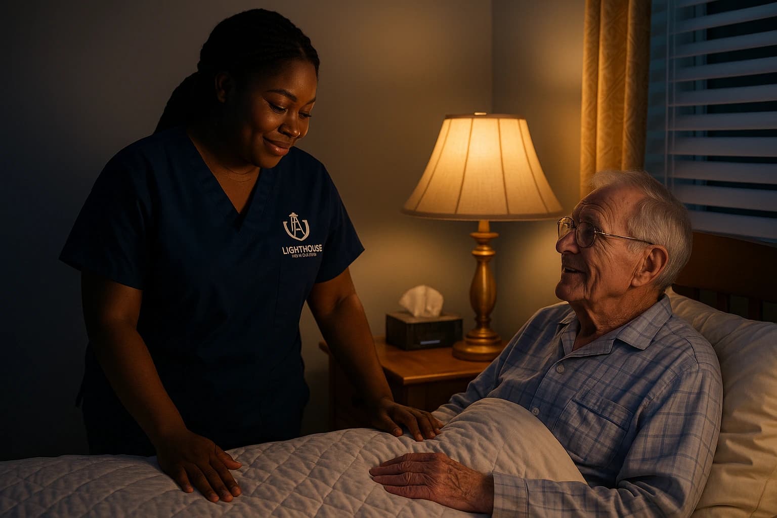 Caregiver providing overnight support to elderly person