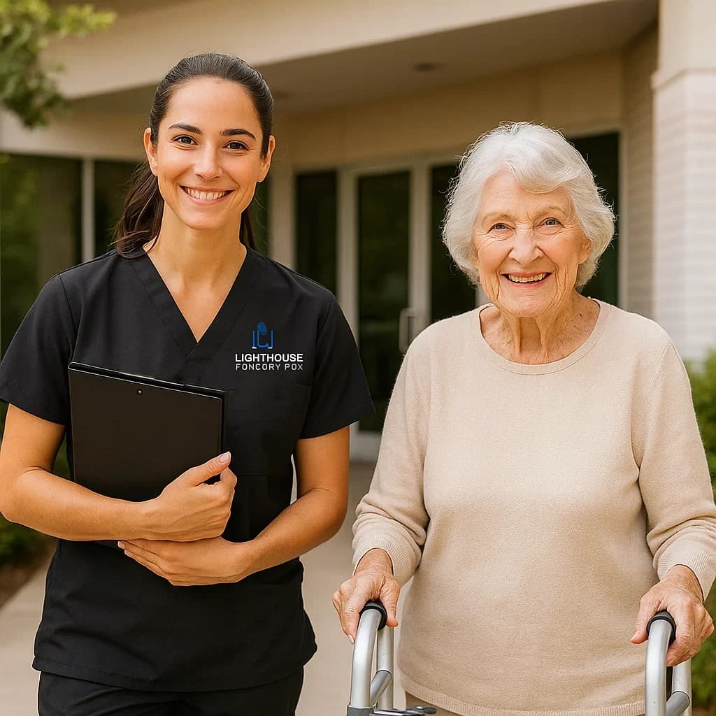 Caregiver providing post-hospital recovery support to elderly person